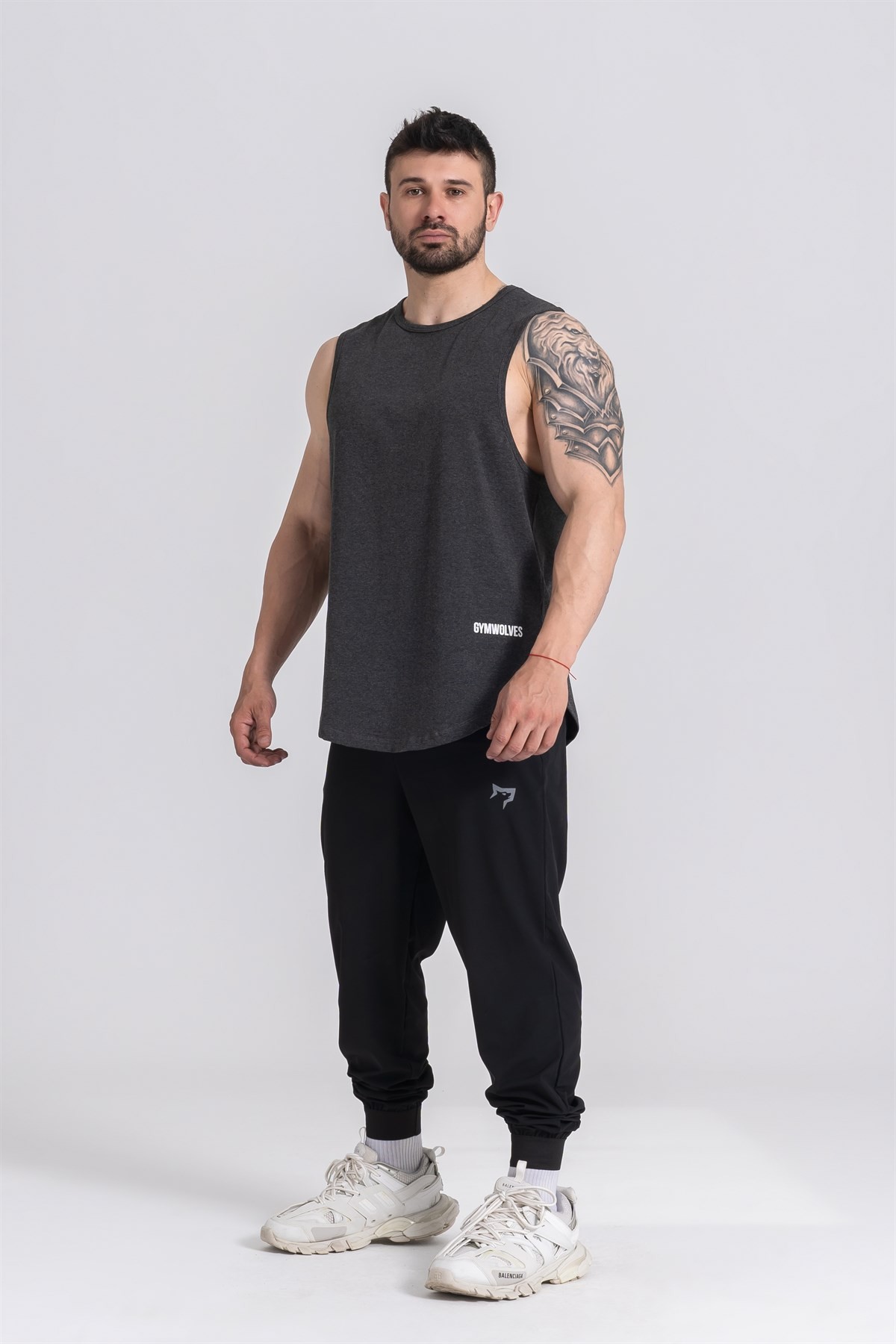 Gymwolves Erkek Kolsuz T-Shirt | Erkek Spor T-shirt | Workout Tanktop | Siyah Melanj | Never Give Up |
