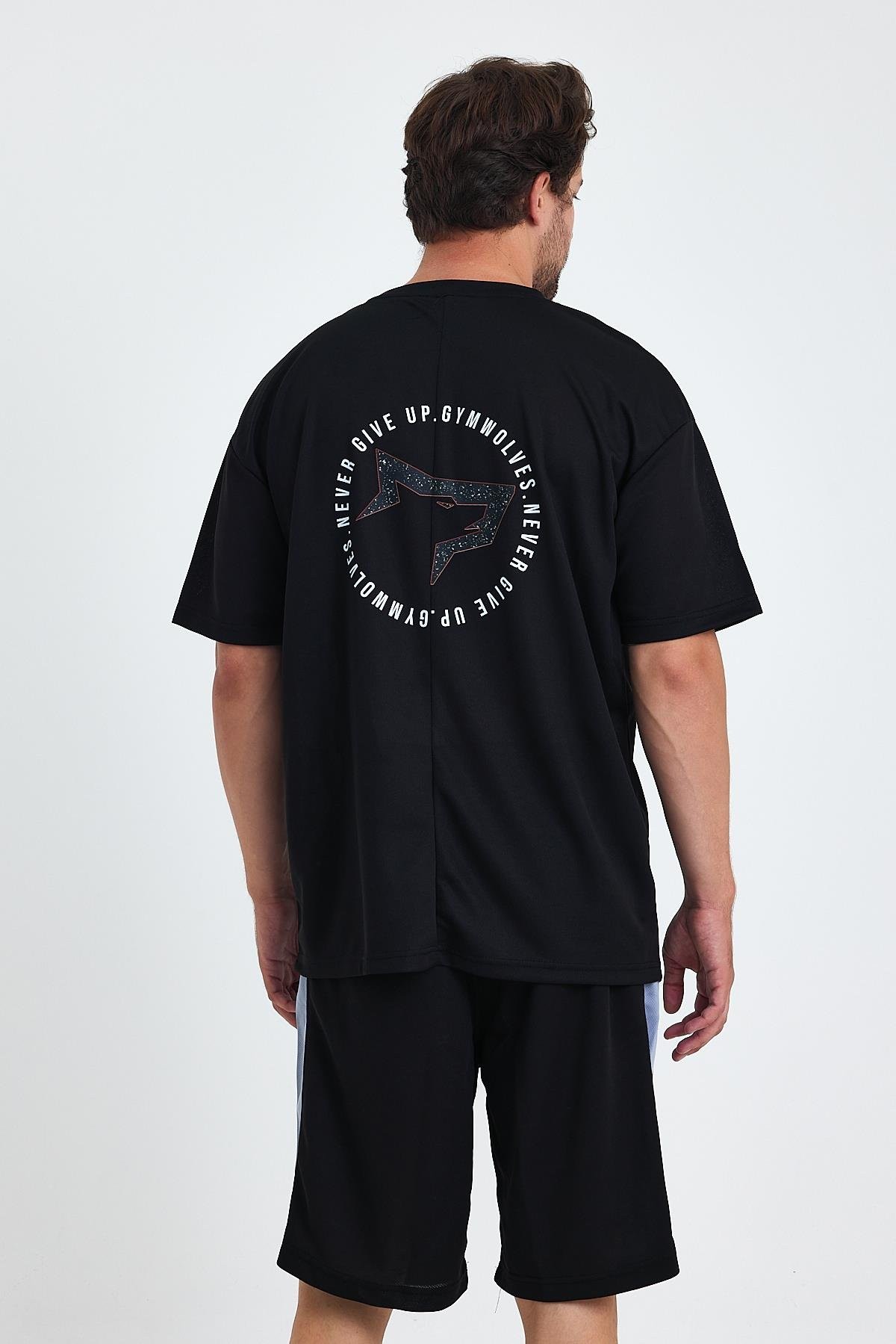 Gymwolves Erkek Over Size Spor T-Shirt | Sırta Kurt  Baskılı | Workout T-Shirt | Tişört | Siyah |