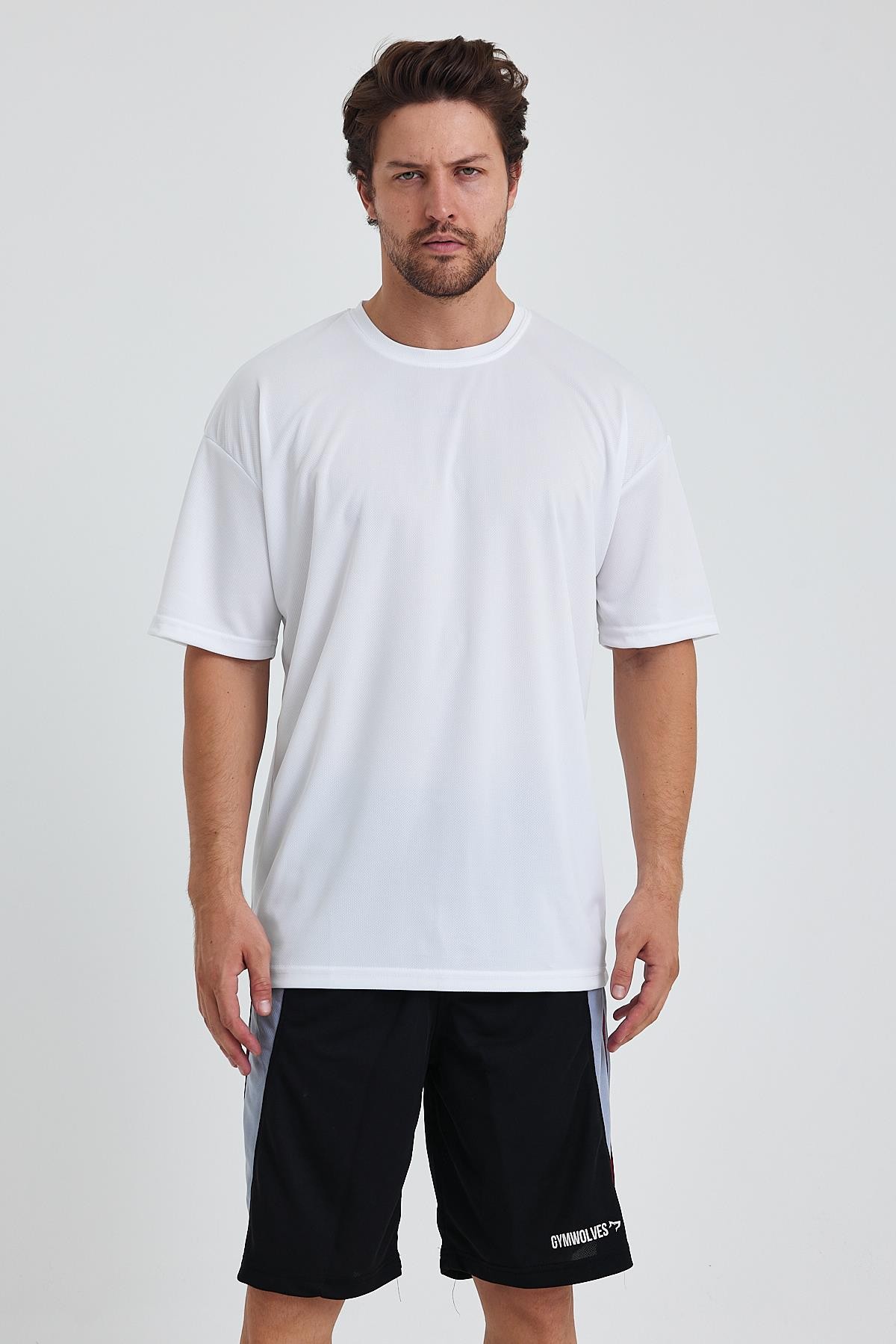 Gymwolves Erkek Over Size Spor T-Shirt | Sırta Kurt  Baskılı | Workout T-Shirt | Tişört | Beyaz |