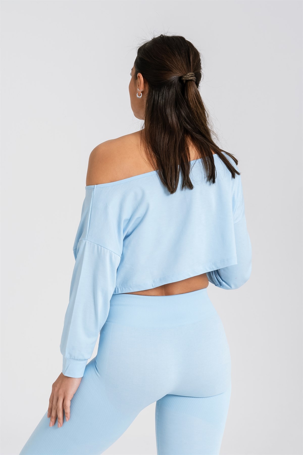 Gymwolves Kayık Yaka Uzun Kollu Crop T-Shirt | Light Blue | Cotton Serisi |