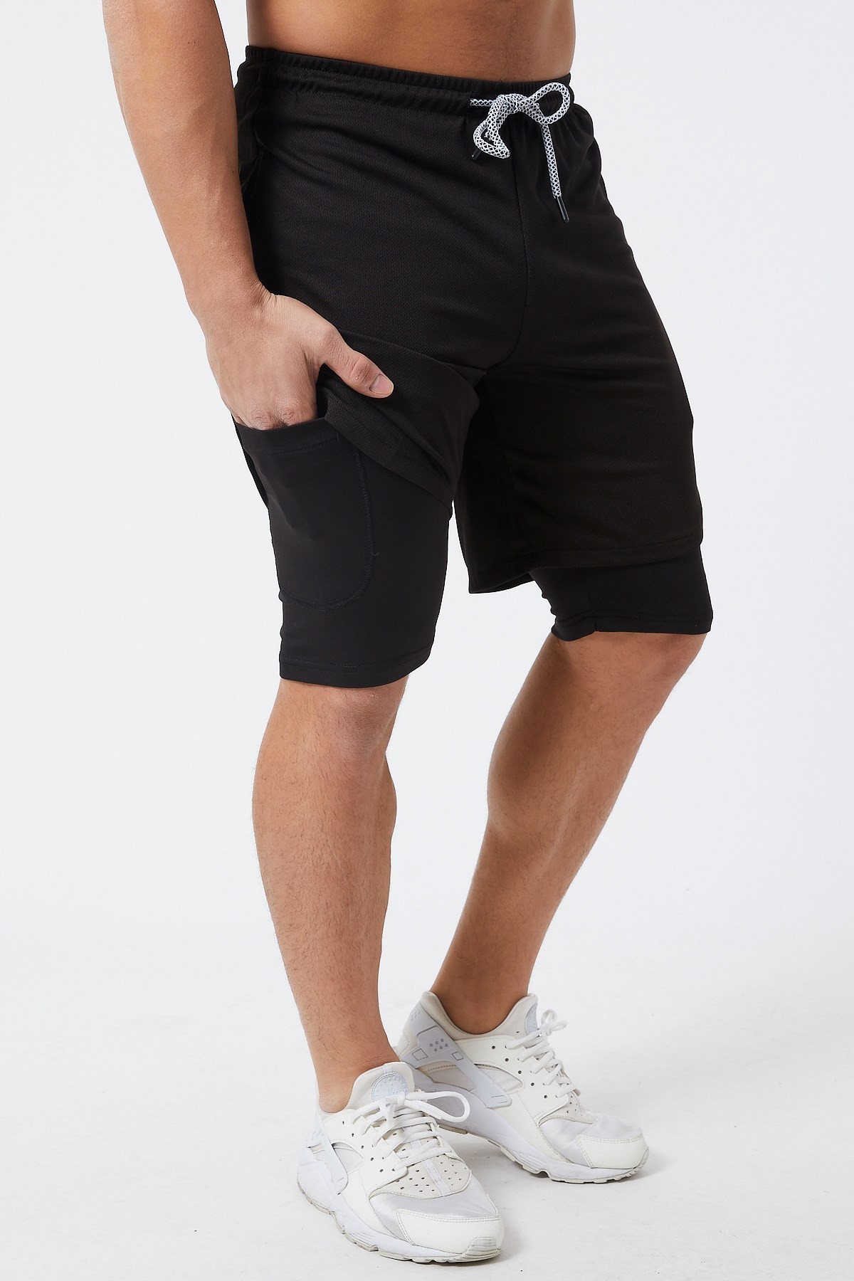 Gymwolves Erkek Spor Şort Çift Katmanlı | Uzun İç Tayt | Siyah | Comfortable Serisi |