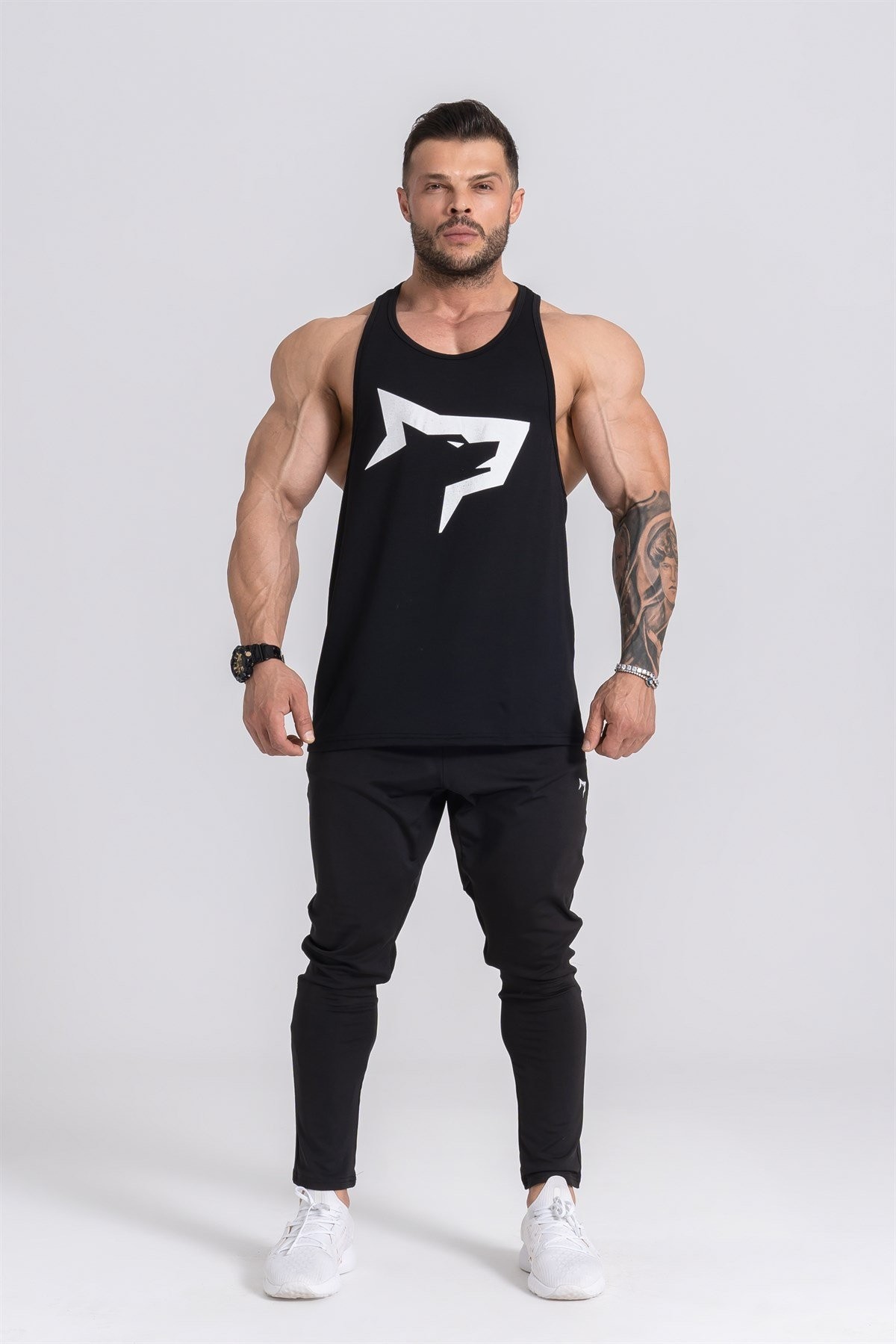 Gymwolves Erkek Spor Atleti | Stringer | Workout Tanktop | Siyah | Wolf Serisi