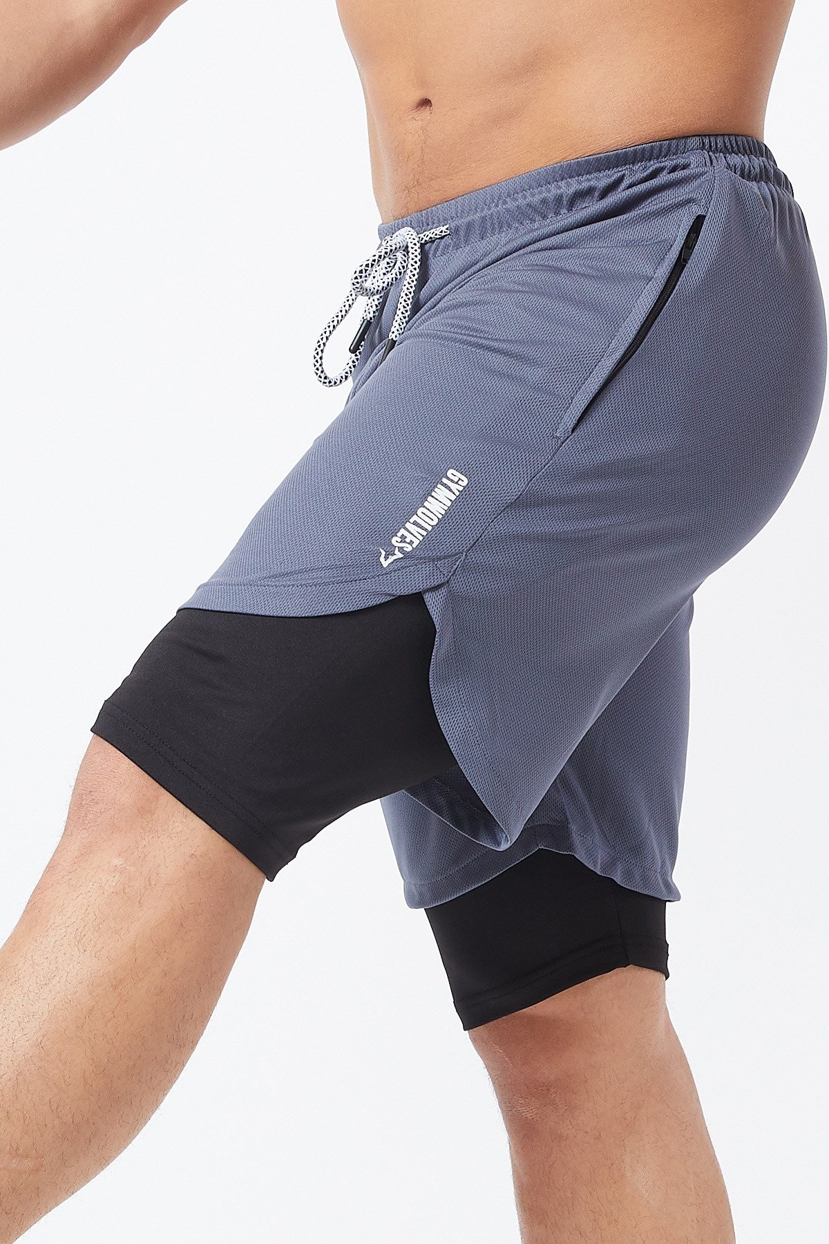 Gymwolves Erkek Spor Şort Çift Katmanlı | Uzun İç Tayt | Antrasit Gri | Comfortable Serisi |