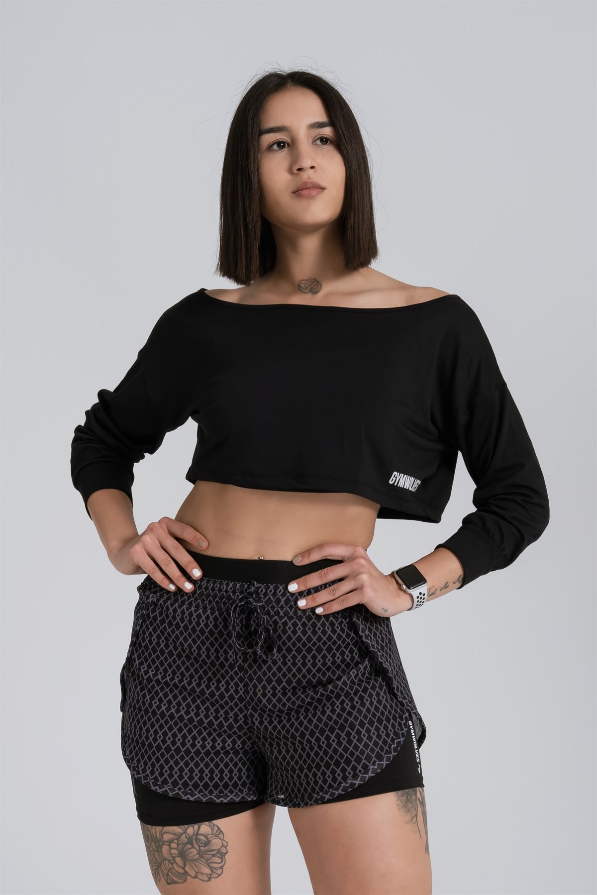 Gymwolves Kayık Yaka Uzun Kollu Crop T-Shirt | Cotton Serisi |