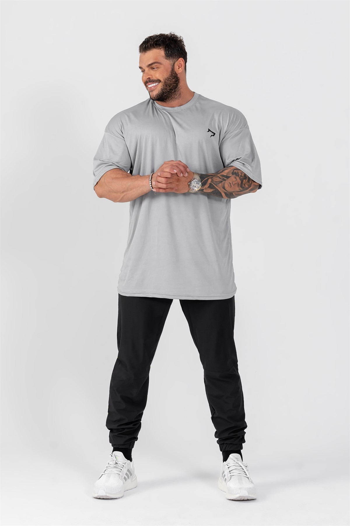 Gymwolves Erkek Over Size Spor T-Shirt | Gri | Workout T-Shirt | Relax Serisi |