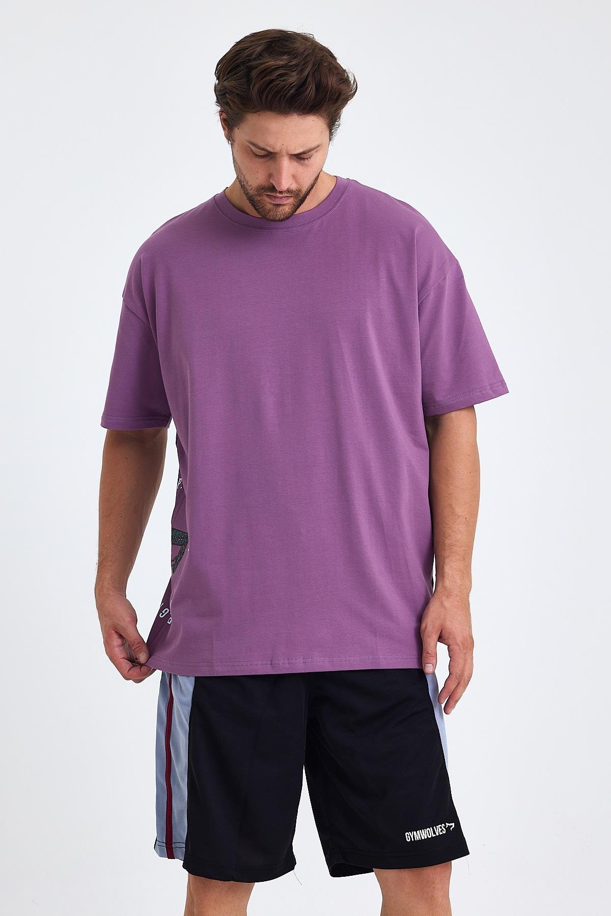 Gymwolves Erkek Over Size Spor T-Shirt | Kurt  Baskılı | Workout T-Shirt | Tişört | Mor |