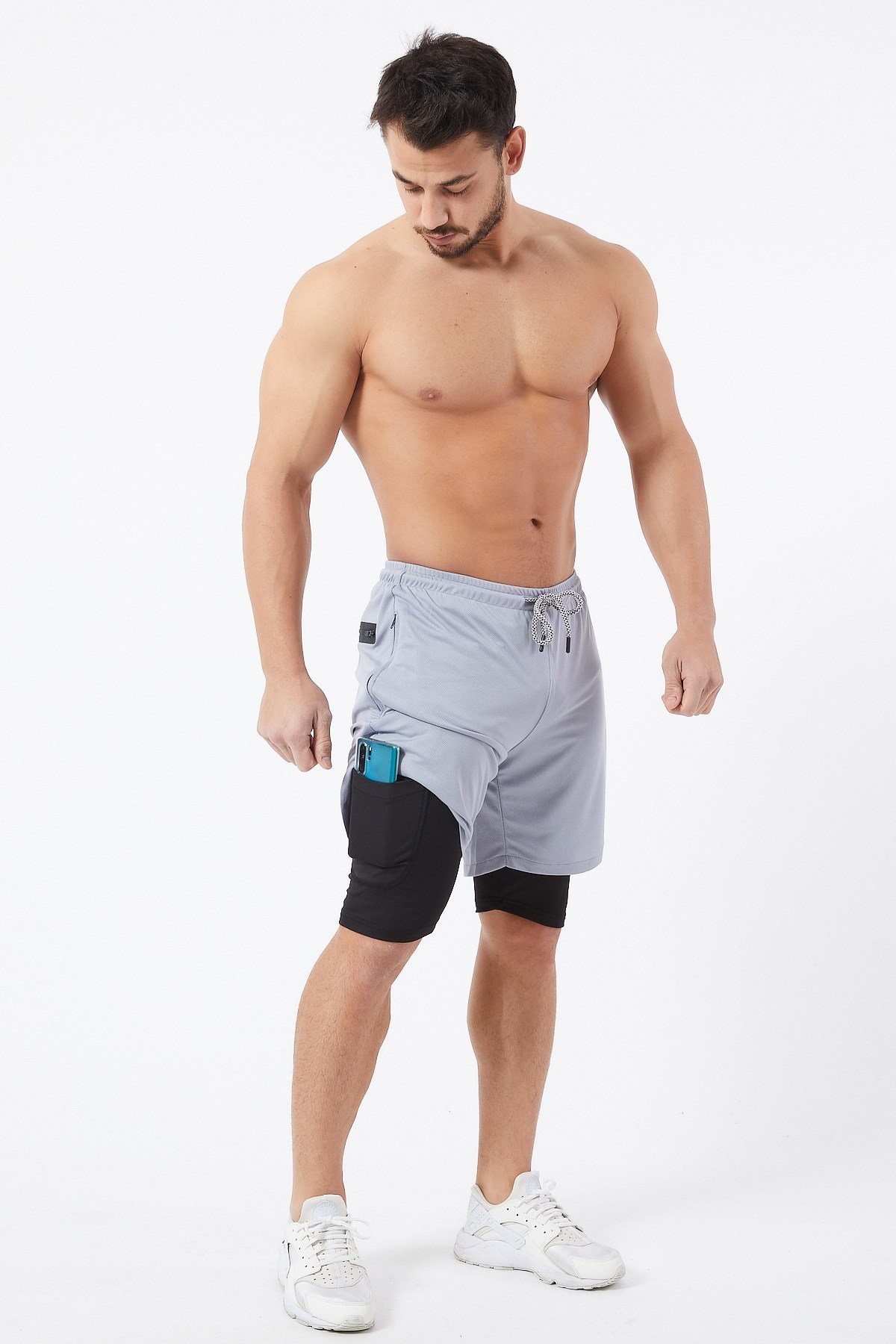 Gymwolves Erkek Spor Şort Çift Katmanlı | Uzun İç Tayt | Açık Gri | Comfortable Serisi |
