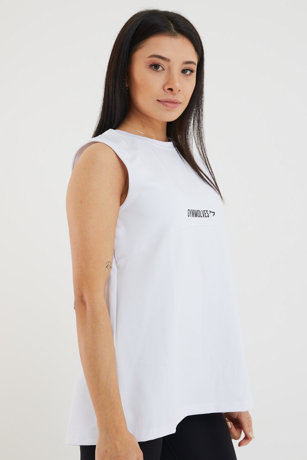 Gymwolves Kadın Spor T-Shirt / Beyaz | Çift Taraf Giyilebilir Yırtmaçlı