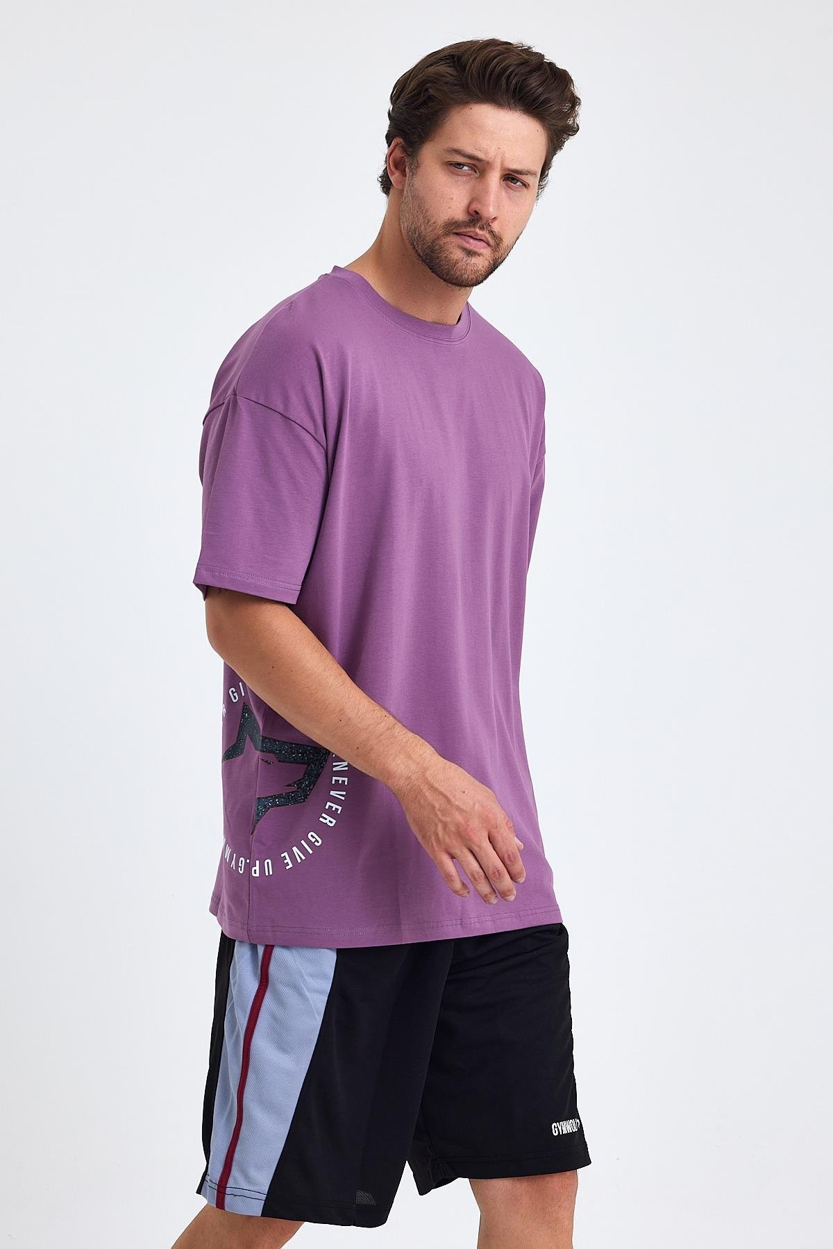 Gymwolves Erkek Over Size Spor T-Shirt | Kurt  Baskılı | Workout T-Shirt | Tişört | Mor |