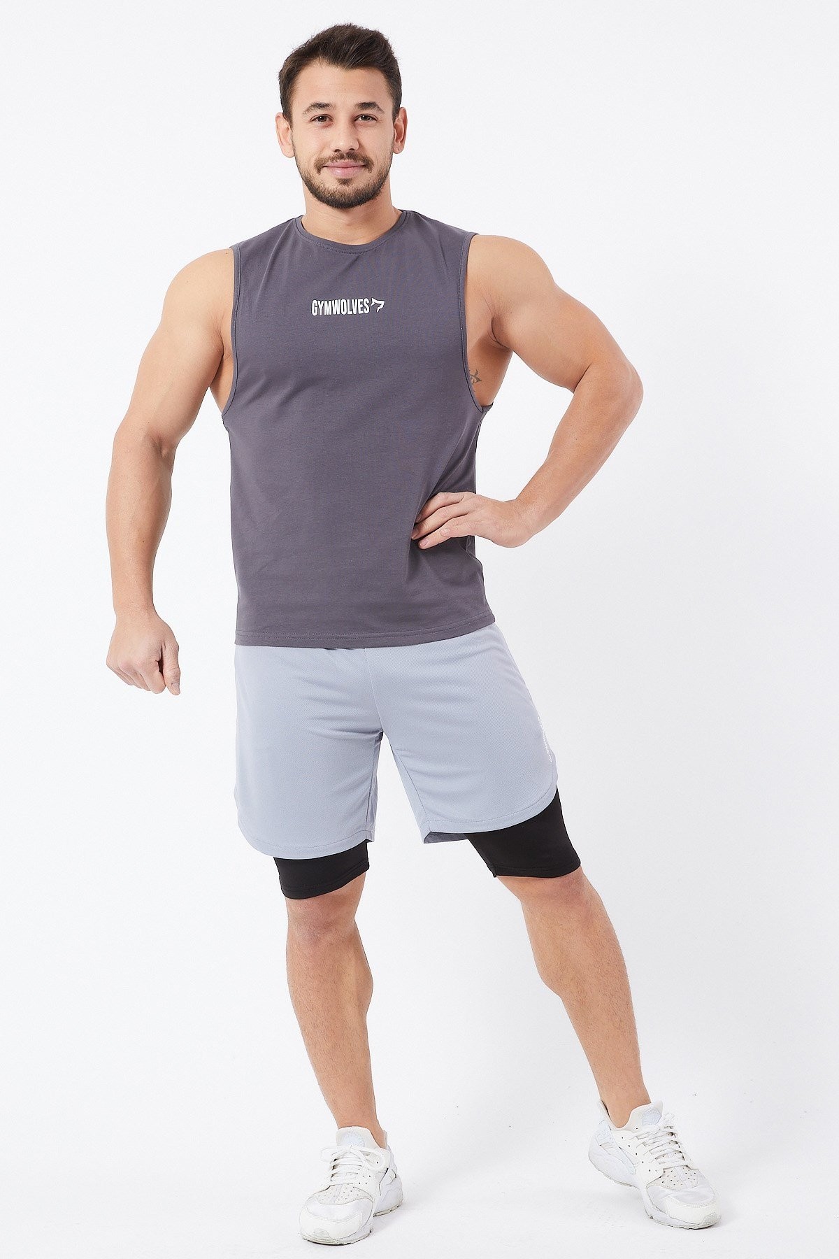 Gymwolves Erkek Kolsuz T-Shirt | Erkek Spor T-shirt | Füme | Workout Tanktop |