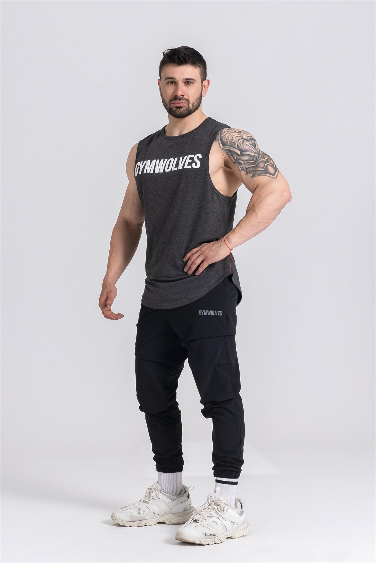 Gymwolves Erkek Kolsuz T-Shirt | Erkek Spor T-shirt | Siyah Melanj | Workout Tanktop |