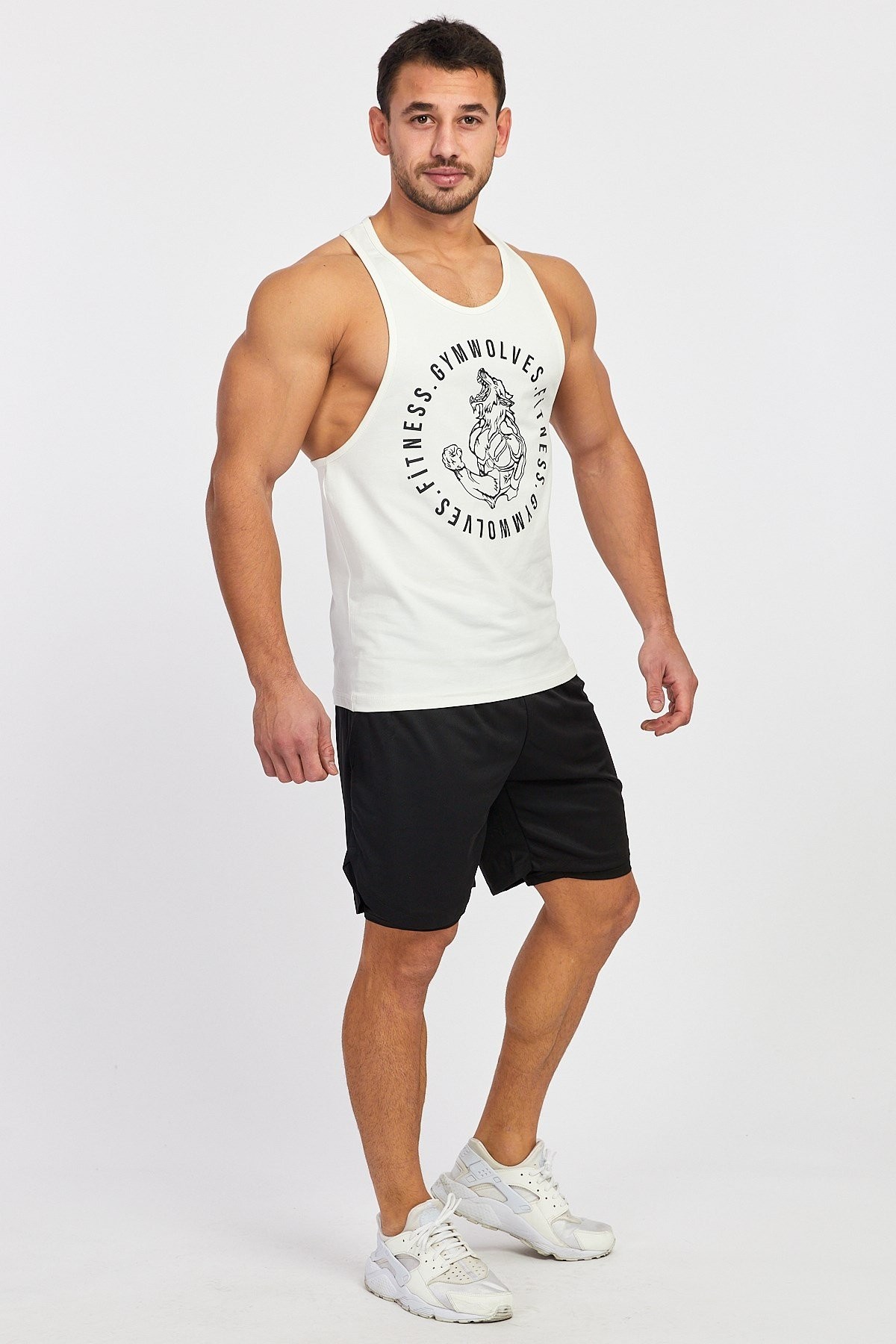 Gymwolves Erkek Spor Atleti | Stringer | Workout Tanktop | Krem | Wolf Serisi