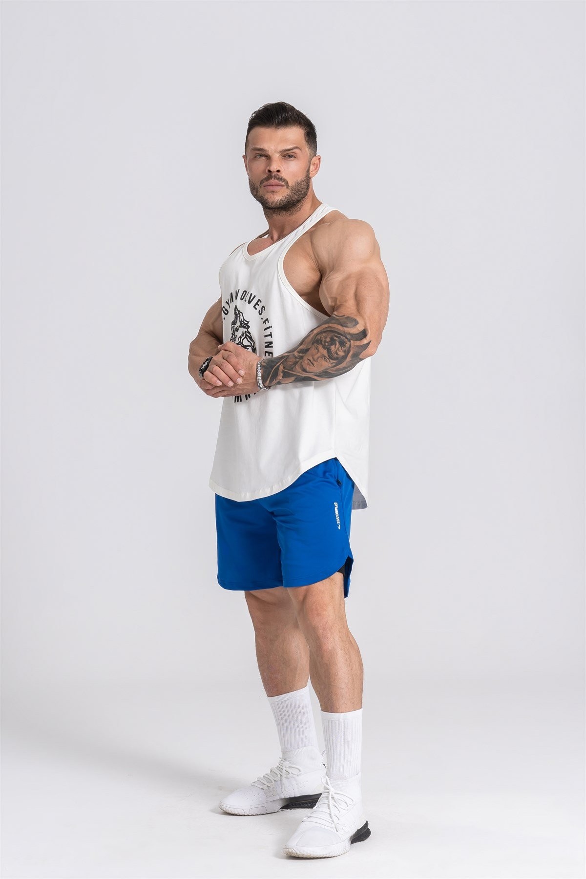 Gymwolves Erkek Spor Atleti | Stringer | Workout Tanktop | Krem | Wolf Serisi
