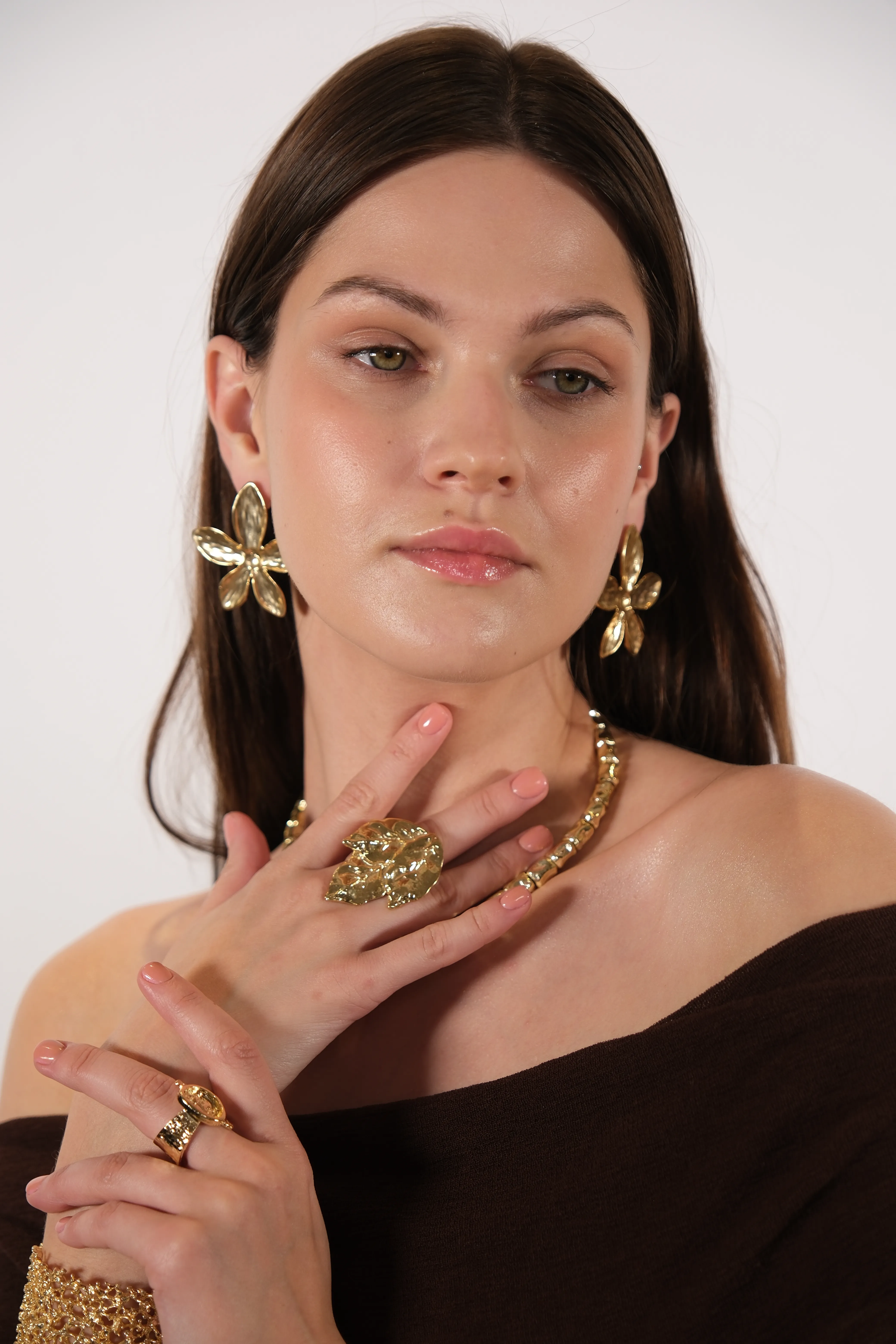 Altın kaplama yaprak detay ayarlanabilir yüzük