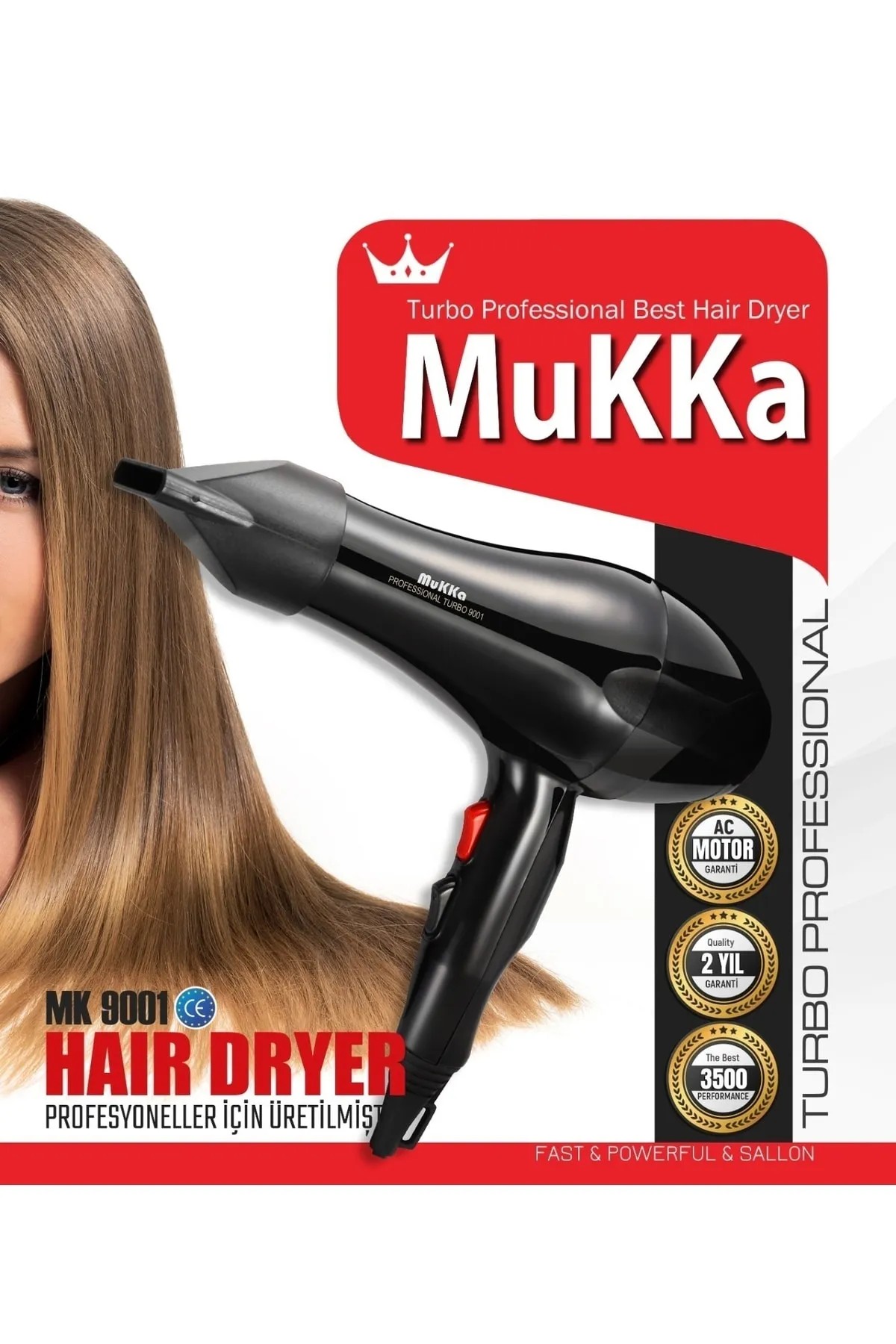 Mukka  MK-9001 Turbo Profesyonel 2500 W Saç Kurutma Makinası - Siyah