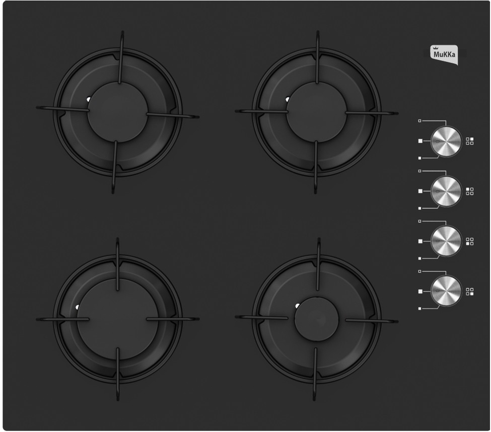 Mukka Doğalgaz Uyumlu 4 Gözlü Gaz Kesme Emniyetli Otomatik Çakmaklı Siyah Cam Ankastre Ocak