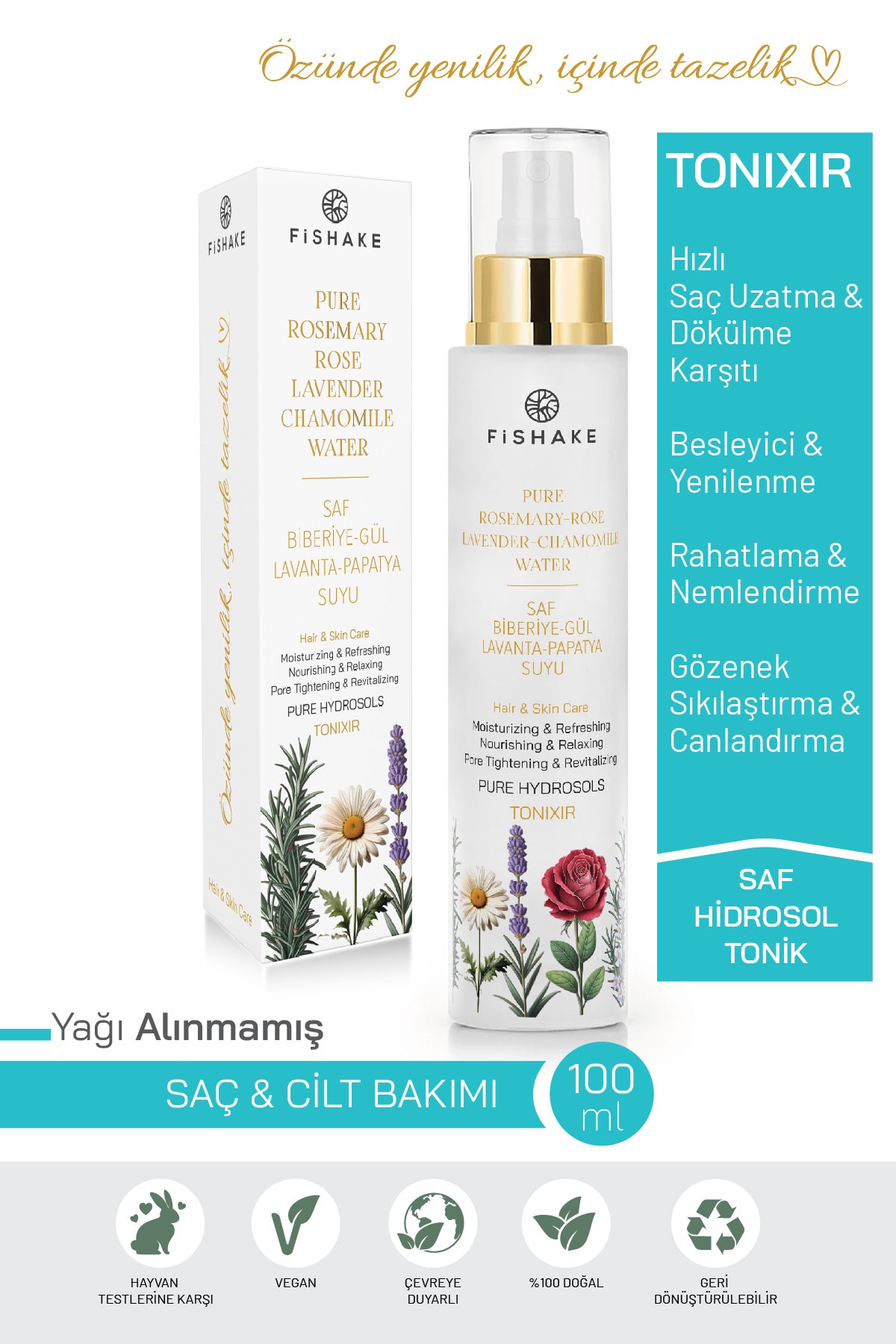 Tonixir Biberiye- Lavanta- Papatya Suyu- Gül Mayası %100 Saf ve Doğal Özel Formül Mix Hidrosol 100Ml