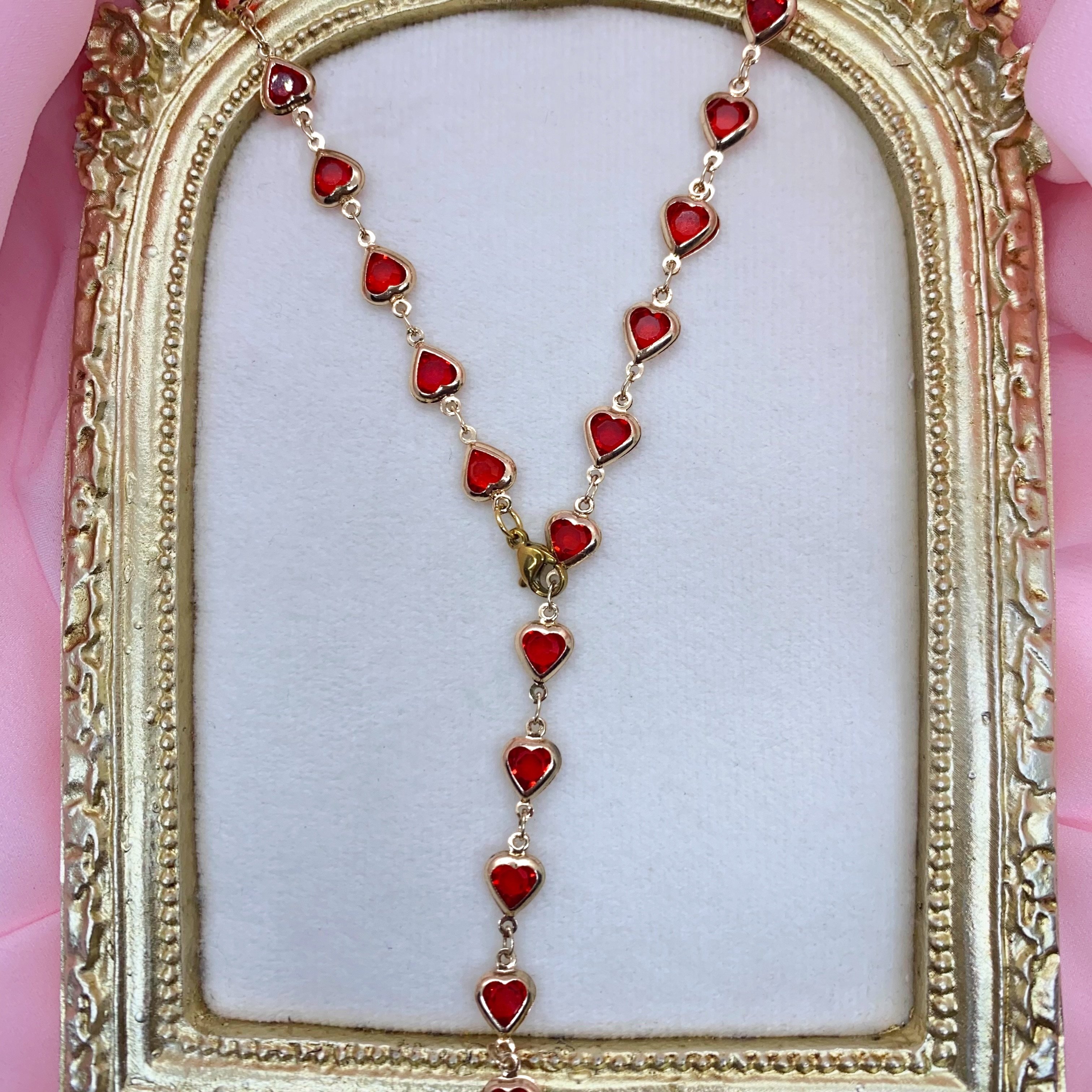 Gold Red Heart Y Kolye