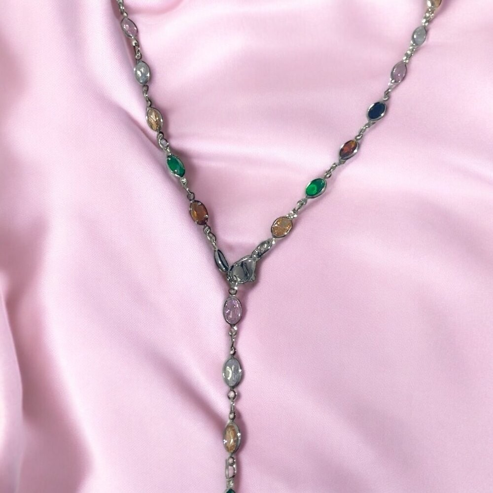 Oval Taşlı Silver Y kolye