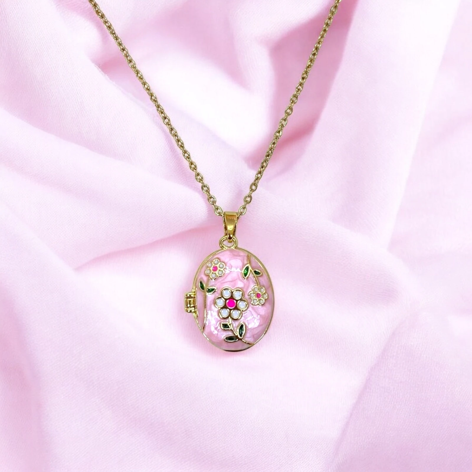 Çelik | Pembe Kapaklı Open Locket Kolye