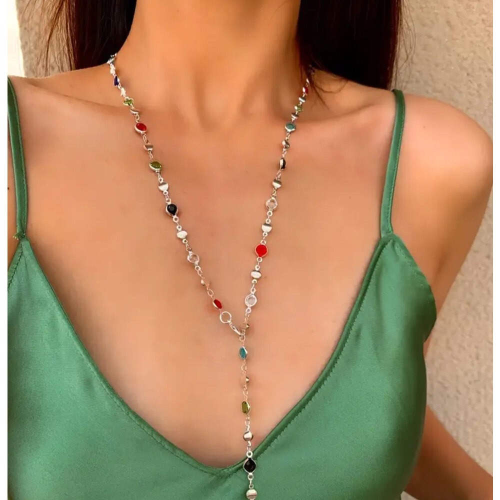 Renkli Taşlı Silver Y kolye