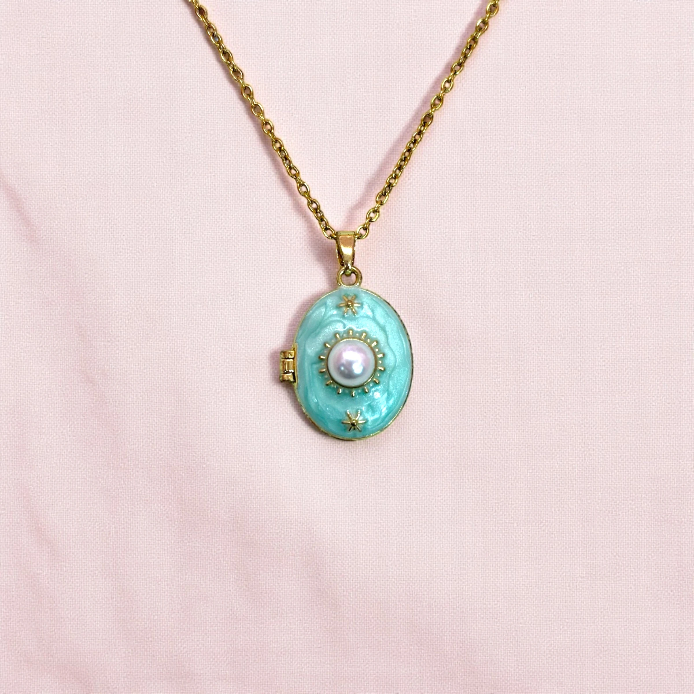 Çelik | Mavi İncili Open Locket Kolye