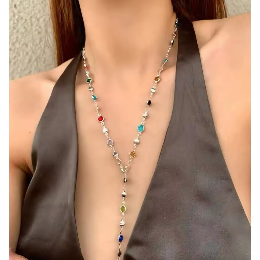 Renkli Taşlı Silver Y kolye
