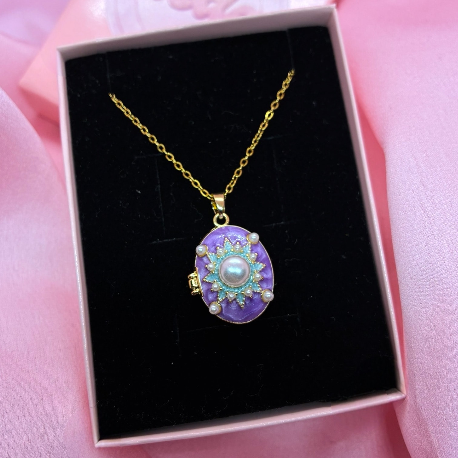 Çelik | Mor İncili Open Locket Kolye