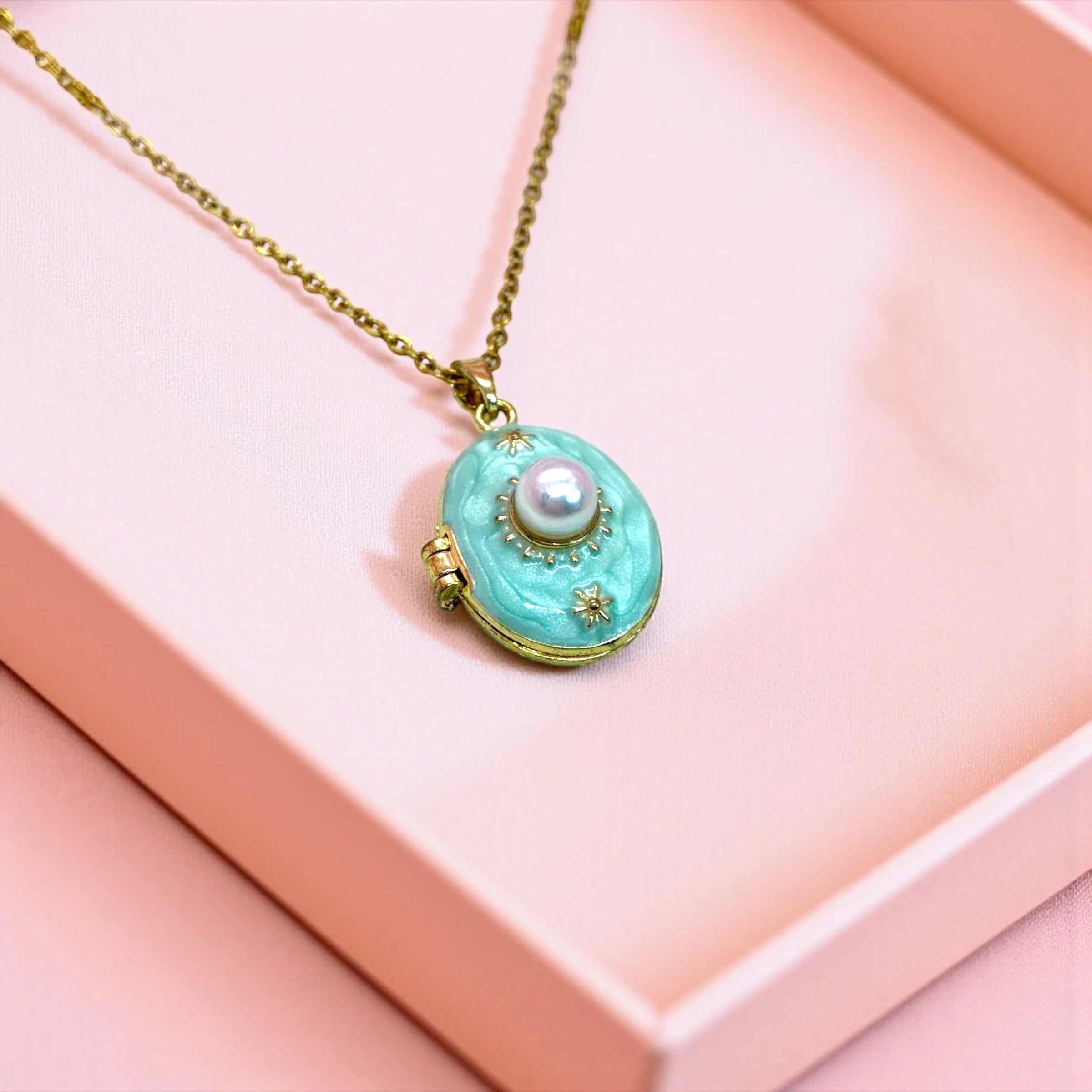 Çelik | Mavi İncili Open Locket Kolye