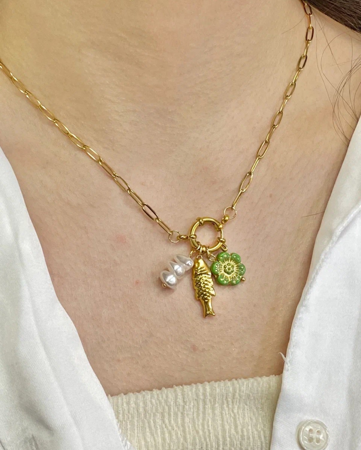 Çelik | Yeşil Charm Kolye