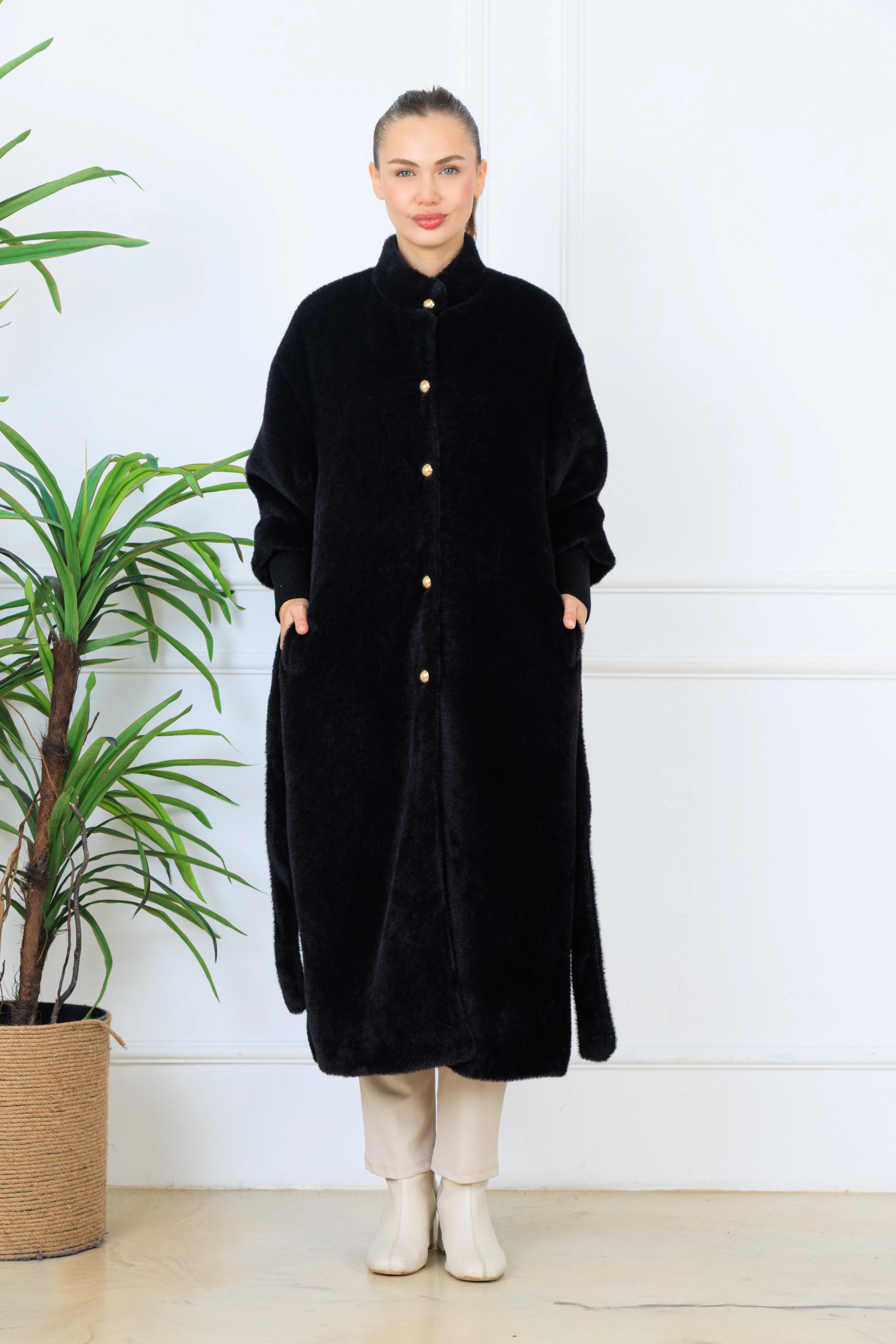 Elony Kadın Kaşkorseli Peluş Kuşaklı Gizli Çıtçıtlı Şık Kaban