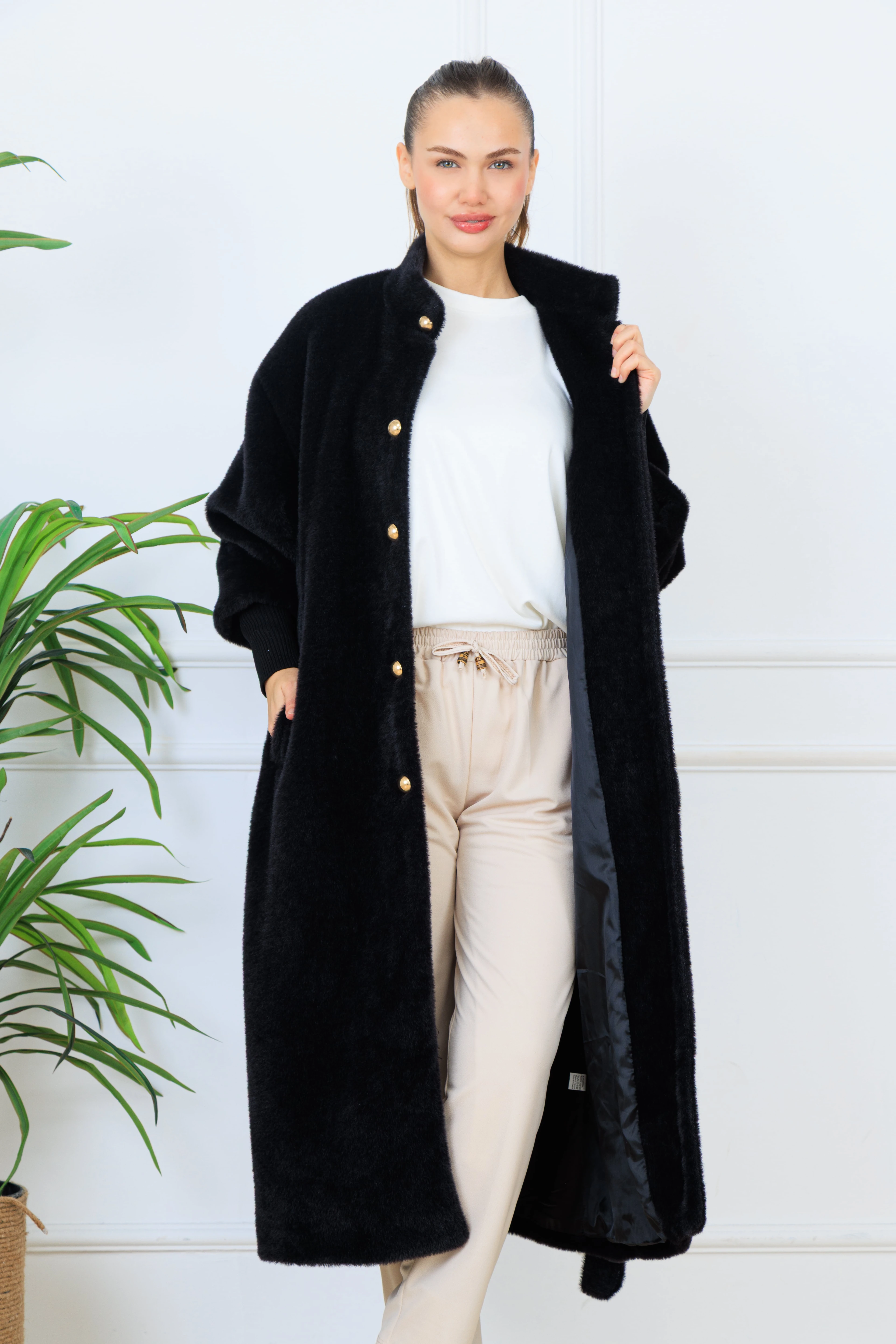 Elony Kadın Kaşkorseli Peluş Kuşaklı Gizli Çıtçıtlı Şık Kaban