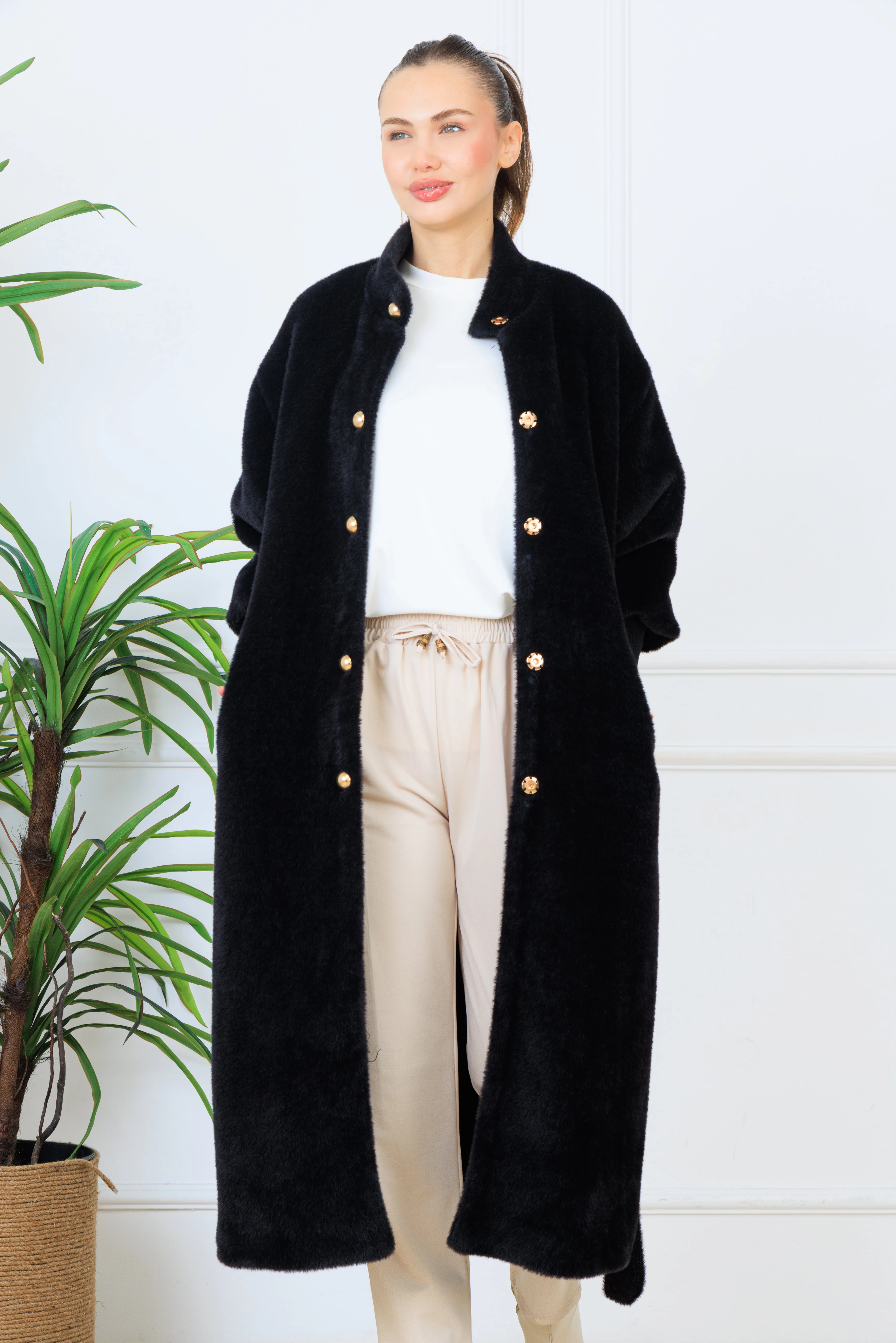 Elony Kadın Kaşkorseli Peluş Kuşaklı Gizli Çıtçıtlı Şık Kaban