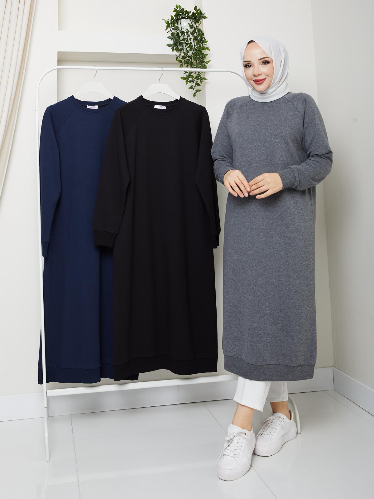 Kadın Bisiklet Yaka Diz Altı Sweatshirt – Rahat Kalıp