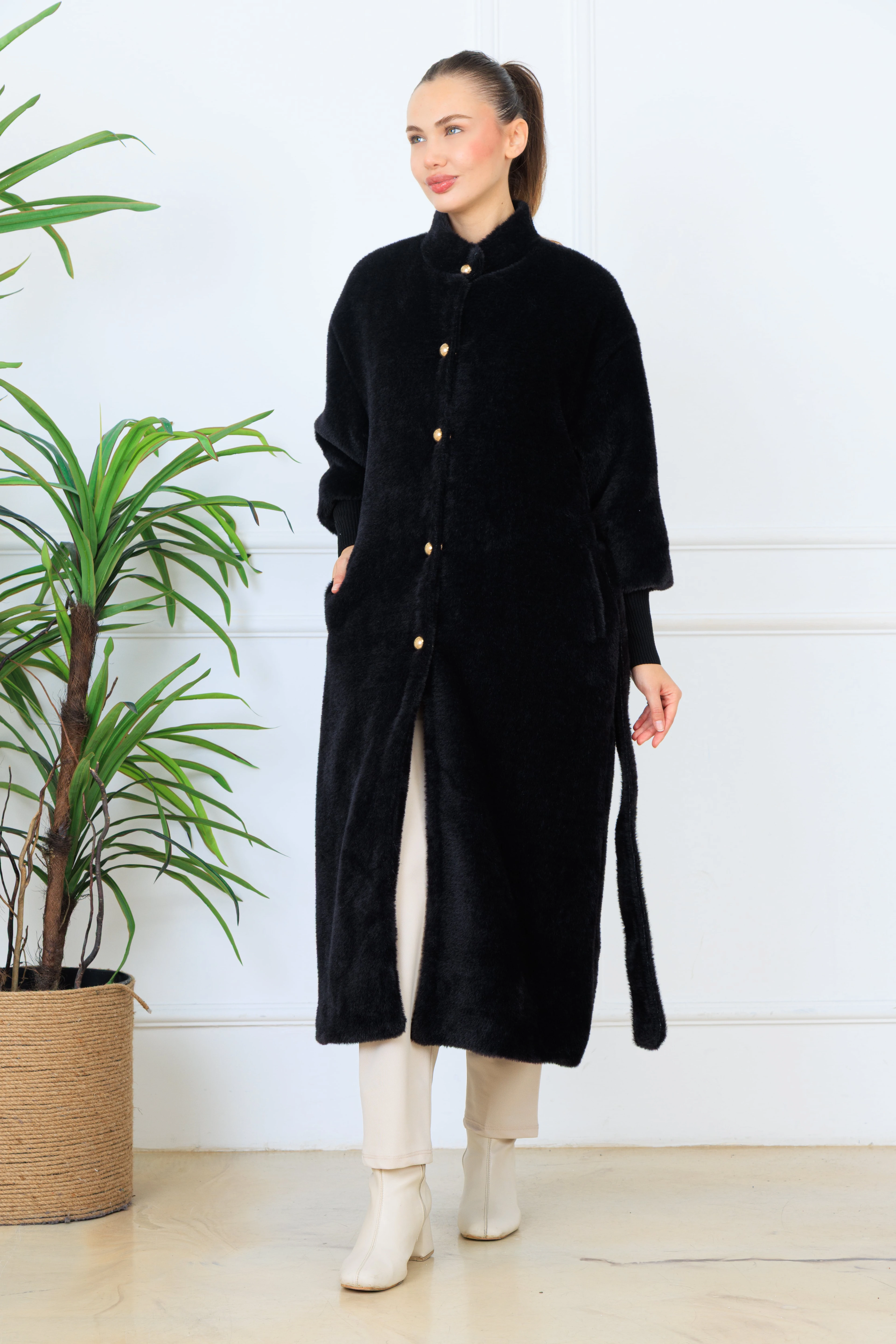 Elony Kadın Kaşkorseli Peluş Kuşaklı Gizli Çıtçıtlı Şık Kaban