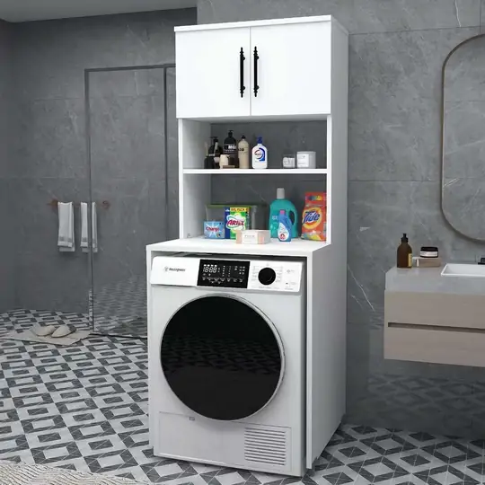 Banyo İçin 3 Raflı Kapaklı Çamaşır Makinesi Dolabı Mat Beyaz