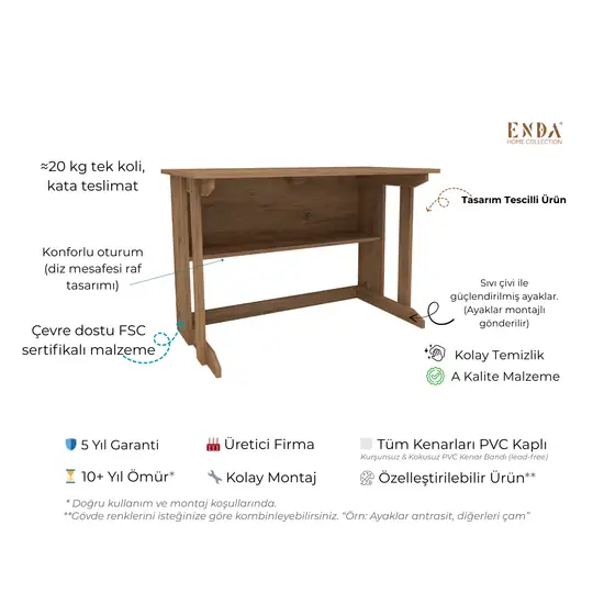 Pillar Kütüphaneli Geniş Çalışma Masası 100x56 Cm Atlantik Çam