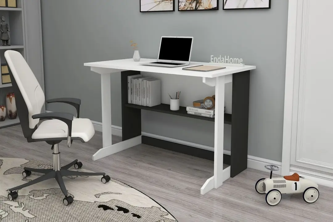 Pillar Kütüphaneli Geniş Çalışma Masası 100x56 Cm Beyaz Antrasit