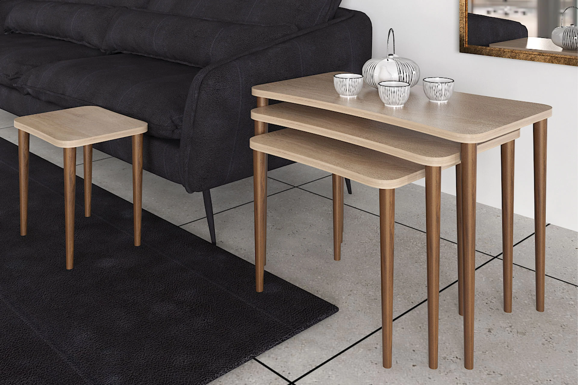 Erendiz 4'lü XL Ahşap Ayaklı Zigon Sehpa Sonoma - Enda Home