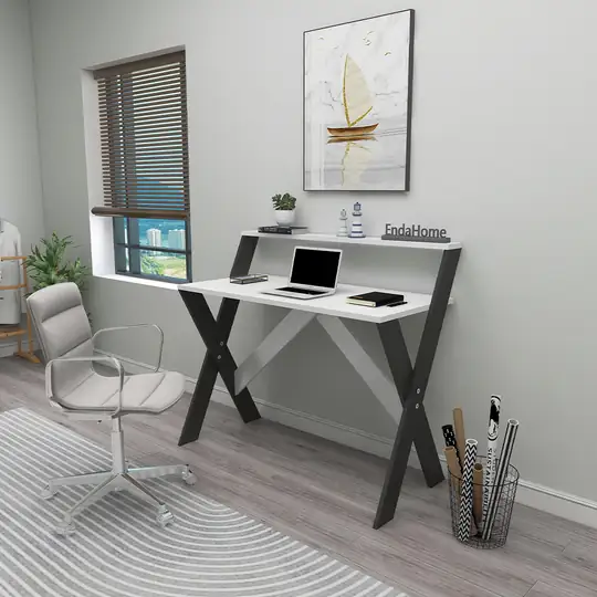 X Ayaklı Raflı Ders Çalışma Masası 50x90 cm Antrasit - Beyaz