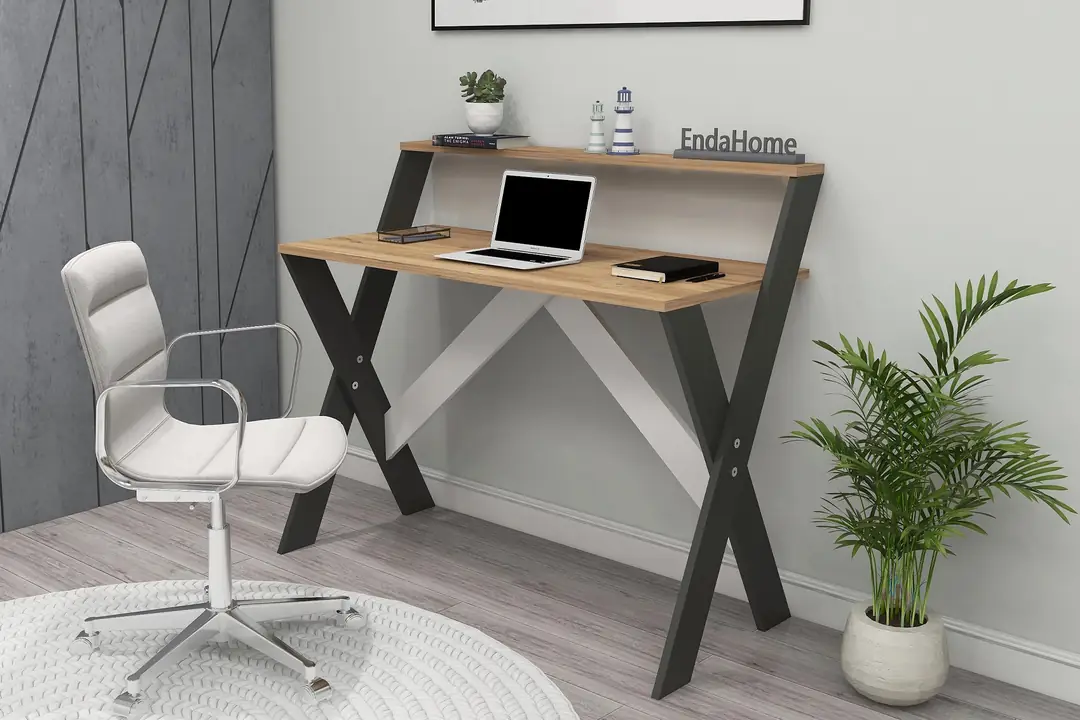 X Ayaklı Raflı Ders Çalışma Masası 50x90 cm Antrasit Çam