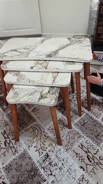 Müşteri fotoğrafı: Erendiz 4lü Ahşap Ayaklı Zigon Sehpa XL Beyaz Mermer