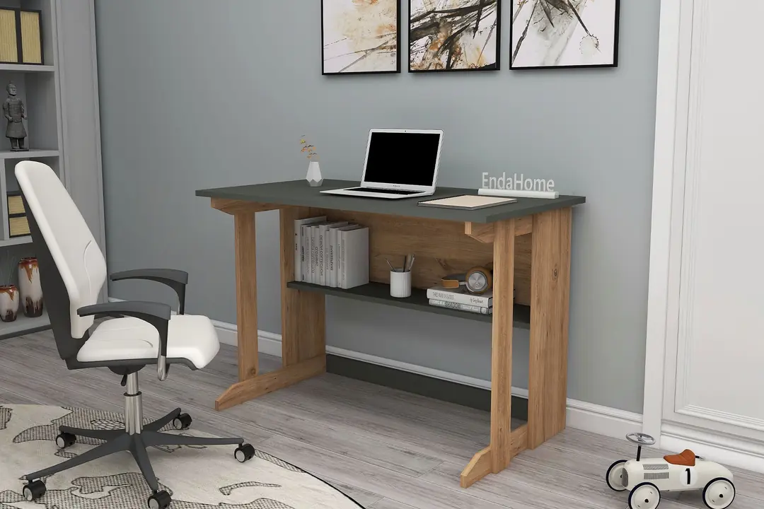 Pillar Kütüphaneli Geniş Çalışma Masası 100x56 Cm Çam Antrasit