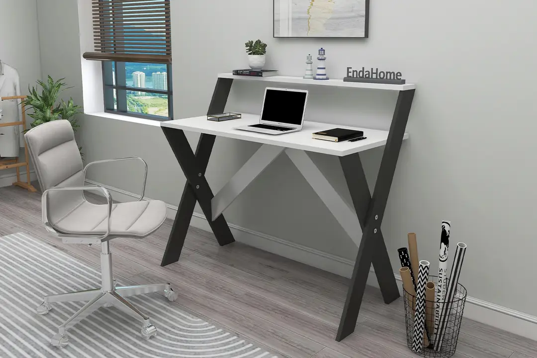 X Ayaklı Raflı Ders Çalışma Masası 50x90 cm Antrasit Beyaz
