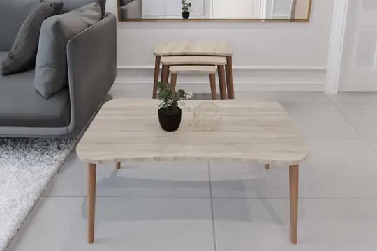Balkır 4'lü Ahşap Ayaklı Zigon ve Orta Sehpa Seti Sonoma