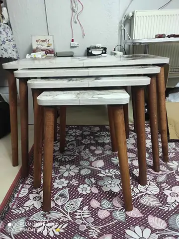 Müşteri fotoğrafı: Erendiz 4lü Ahşap Ayaklı Zigon Sehpa XL Beyaz Mermer