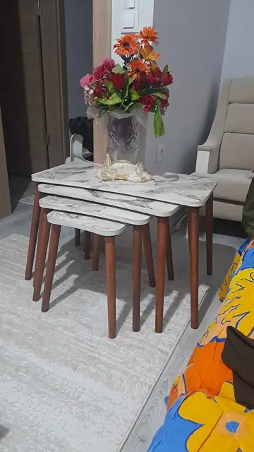 Müşteri fotoğrafı: Erendiz 4lü Ahşap Ayaklı Zigon Sehpa XL Beyaz Mermer