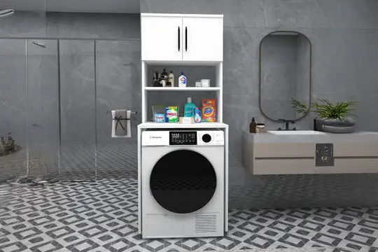 Banyo İçin 3 Raflı Kapaklı Çamaşır Makinesi Dolabı Beyaz