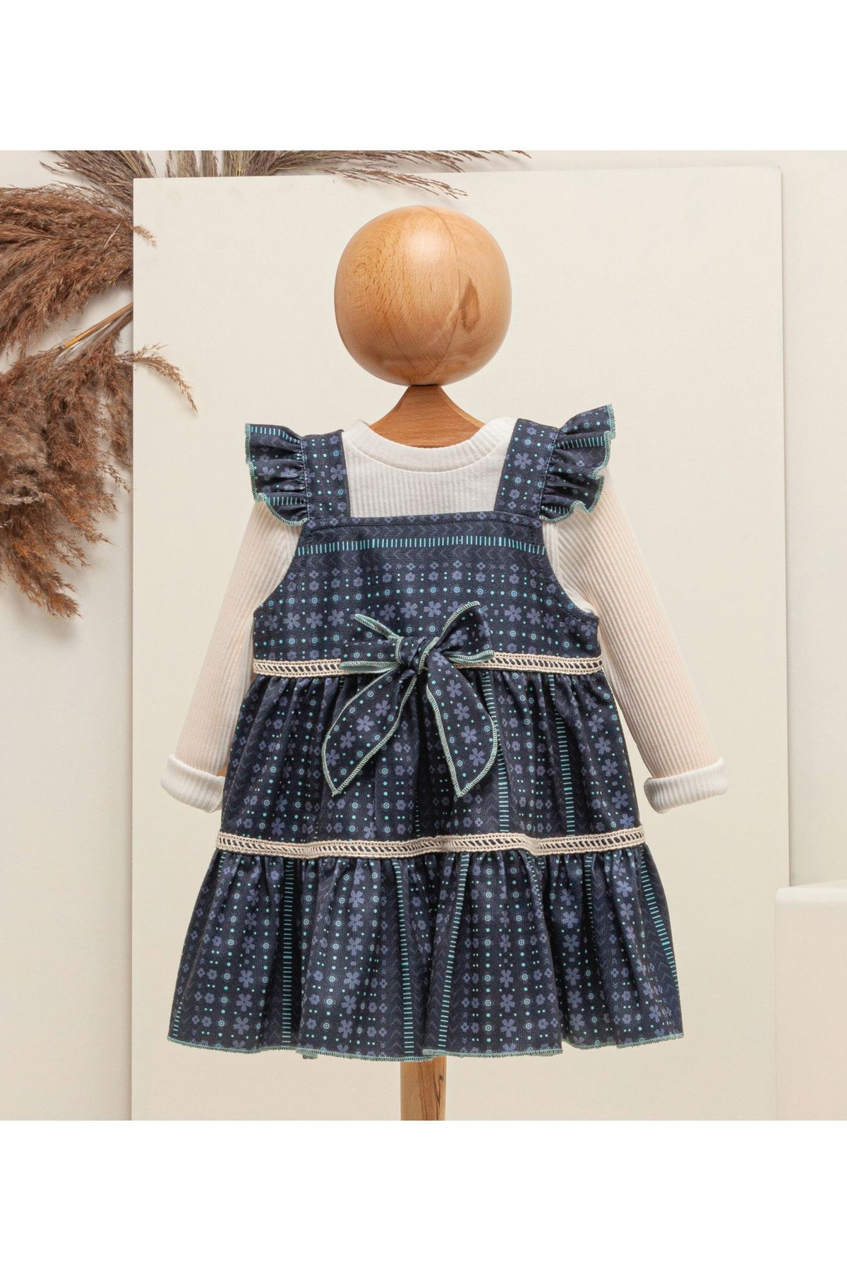 Kız Bebek Kadife Jile / Elbise ve Fitilli Çıtçıtlı Badi İkili Takım