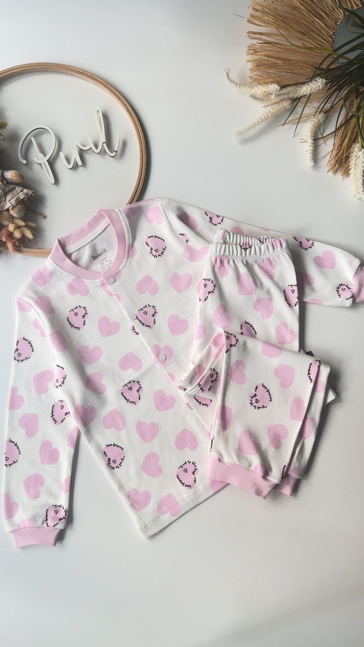 Çıtçıtlı Kalp Pijama Takımı Pudra